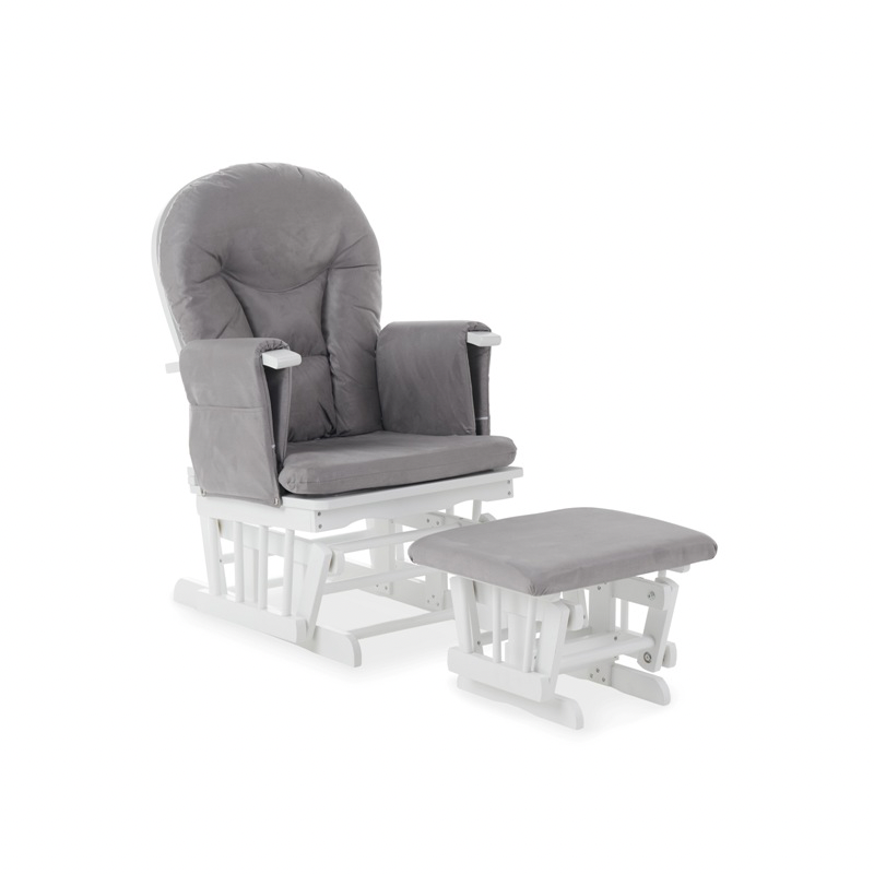 Reclining Glider Chair and Stool - White with Grey Cushion