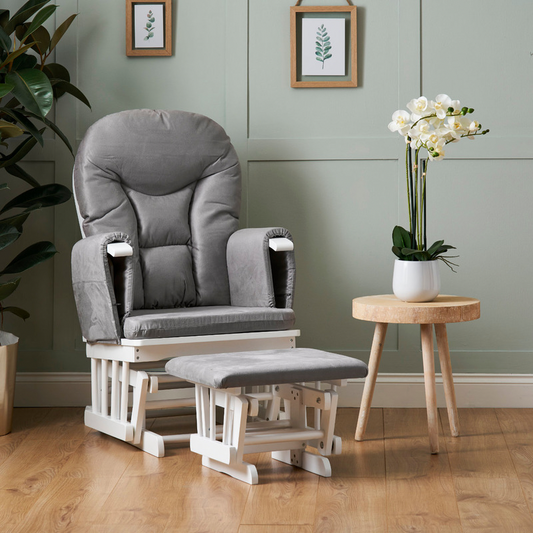 Reclining Glider Chair and Stool - White with Grey Cushion