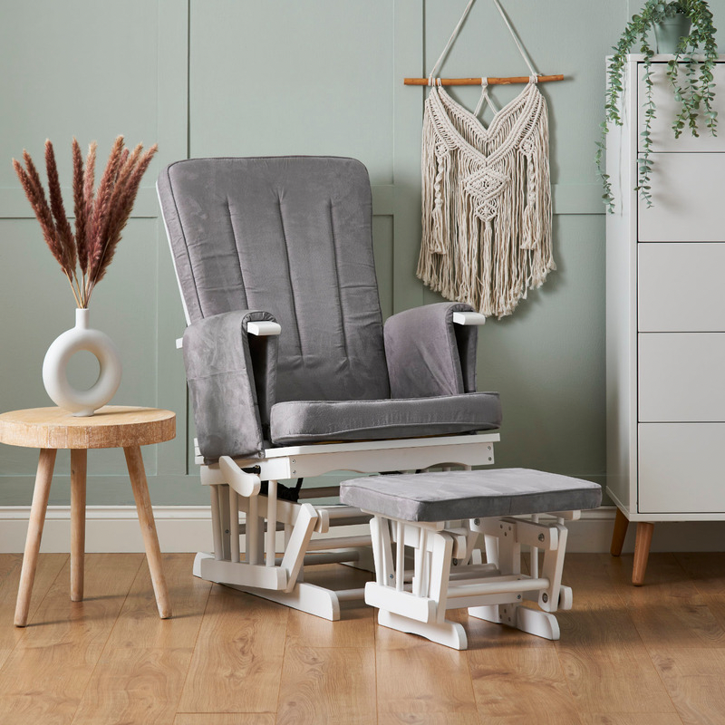 Deluxe Reclining Glider Chair and Stool - White with Grey Cushion