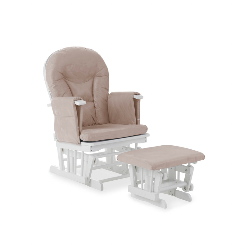 Reclining Glider Chair and Stool - White with Sand Cushion