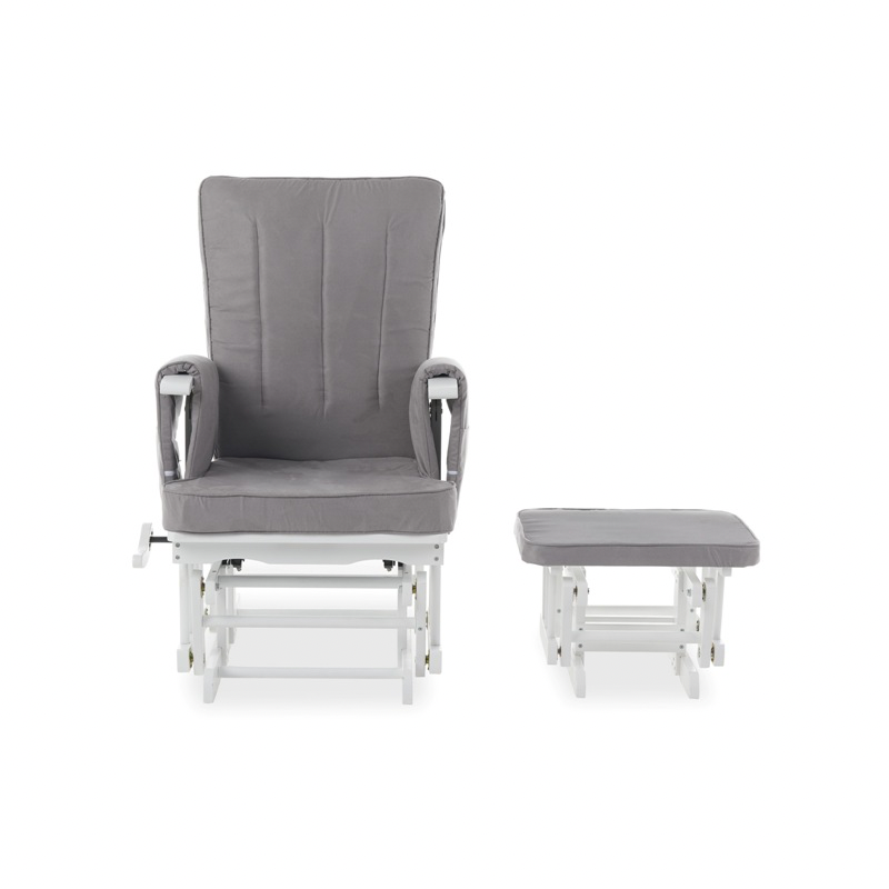 Deluxe Reclining Glider Chair and Stool - White with Grey Cushion