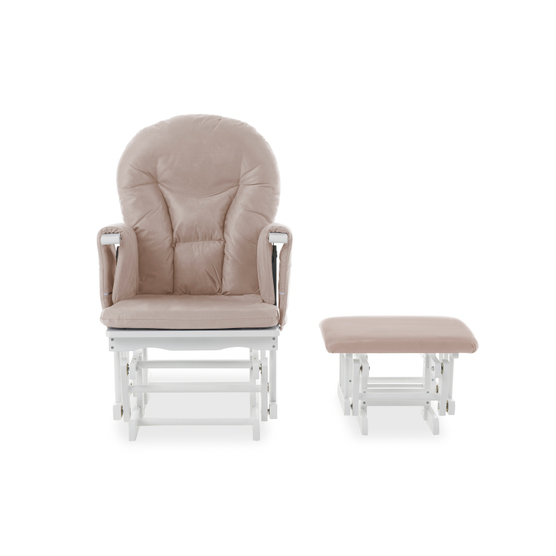 Reclining Glider Chair and Stool - White with Sand Cushion