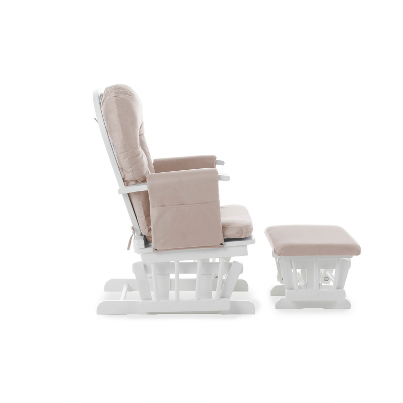 Reclining Glider Chair and Stool - White with Sand Cushion