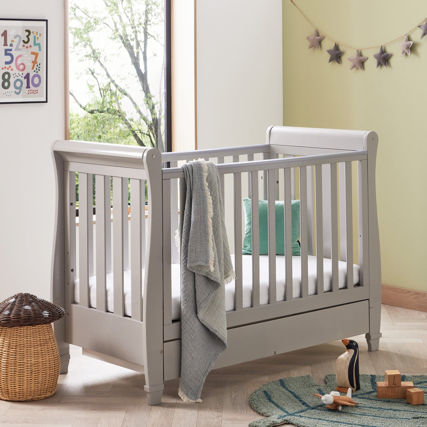 Babymore Eva Sleigh Cot Bed Drop Side with Drawer - Grey