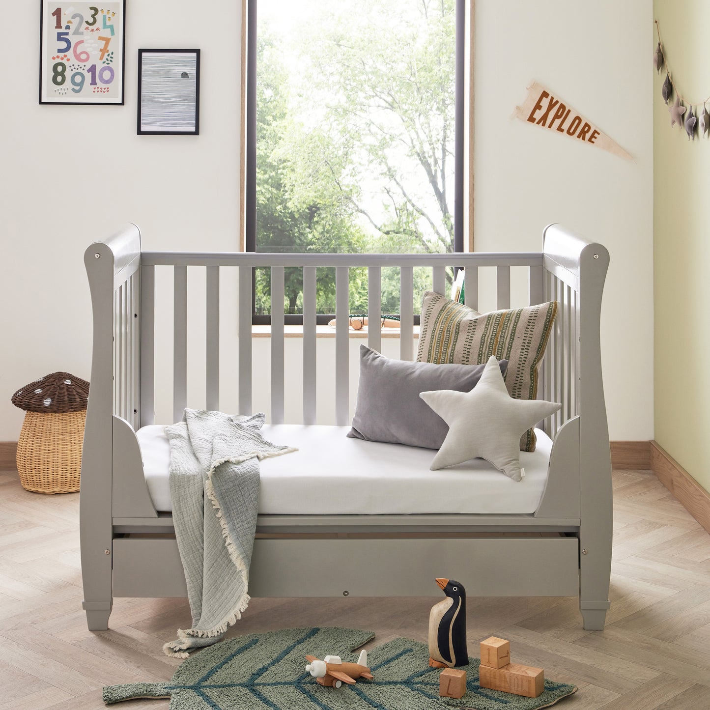 Babymore Eva Sleigh Cot Bed Drop Side with Drawer - Grey