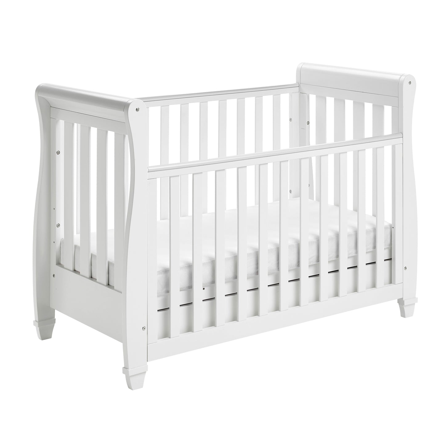 Babymore Eva Sleigh Cot Bed Drop Side with Drawer - White