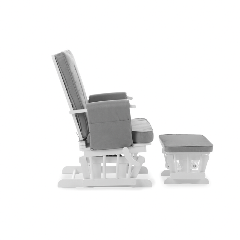 Deluxe Reclining Glider Chair and Stool - White with Grey Cushion