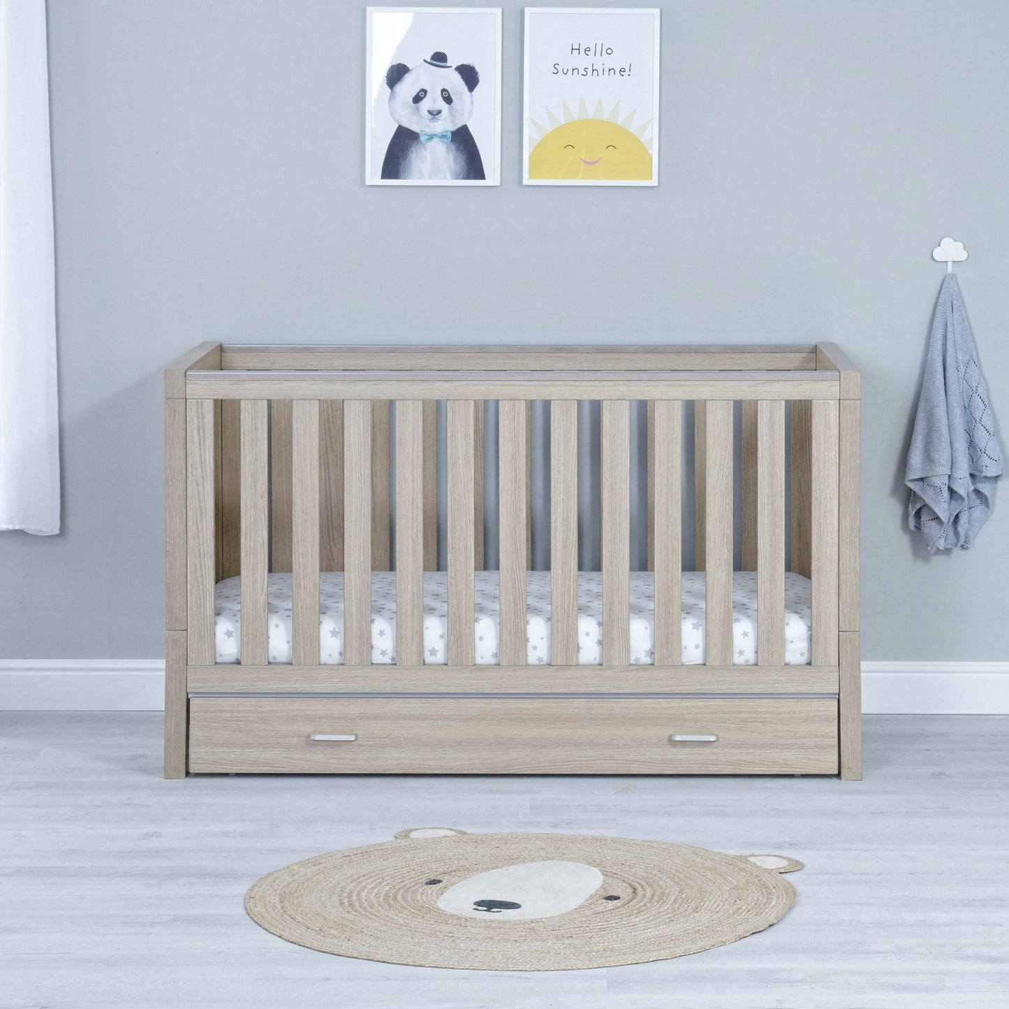 Babymore Luno Cot Bed with Drawer - Oak