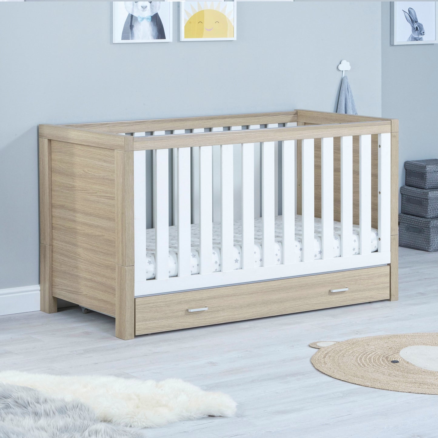 Babymore Luno Cot Bed with Drawer - Oak White