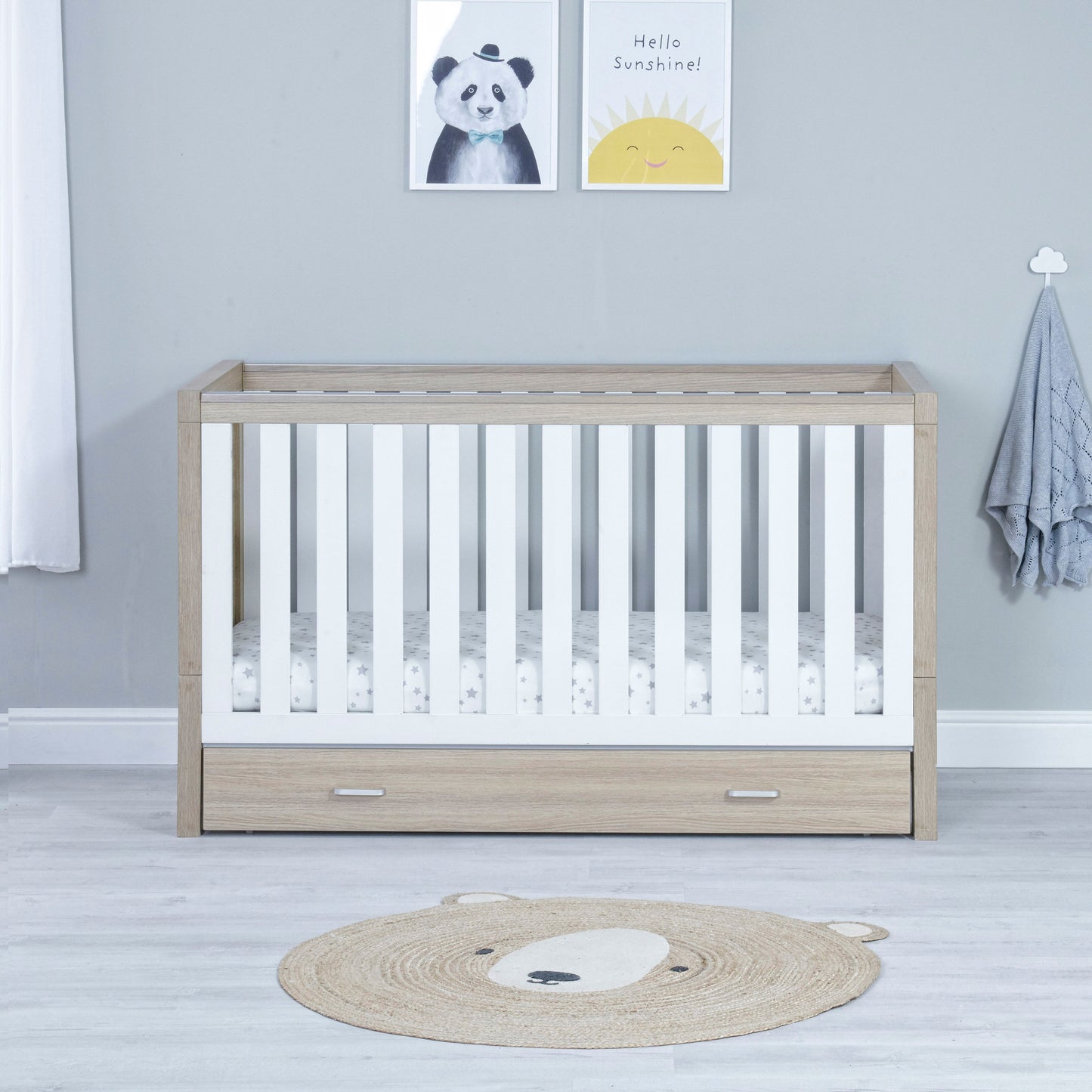 Babymore Luno Cot Bed with Drawer - Oak White