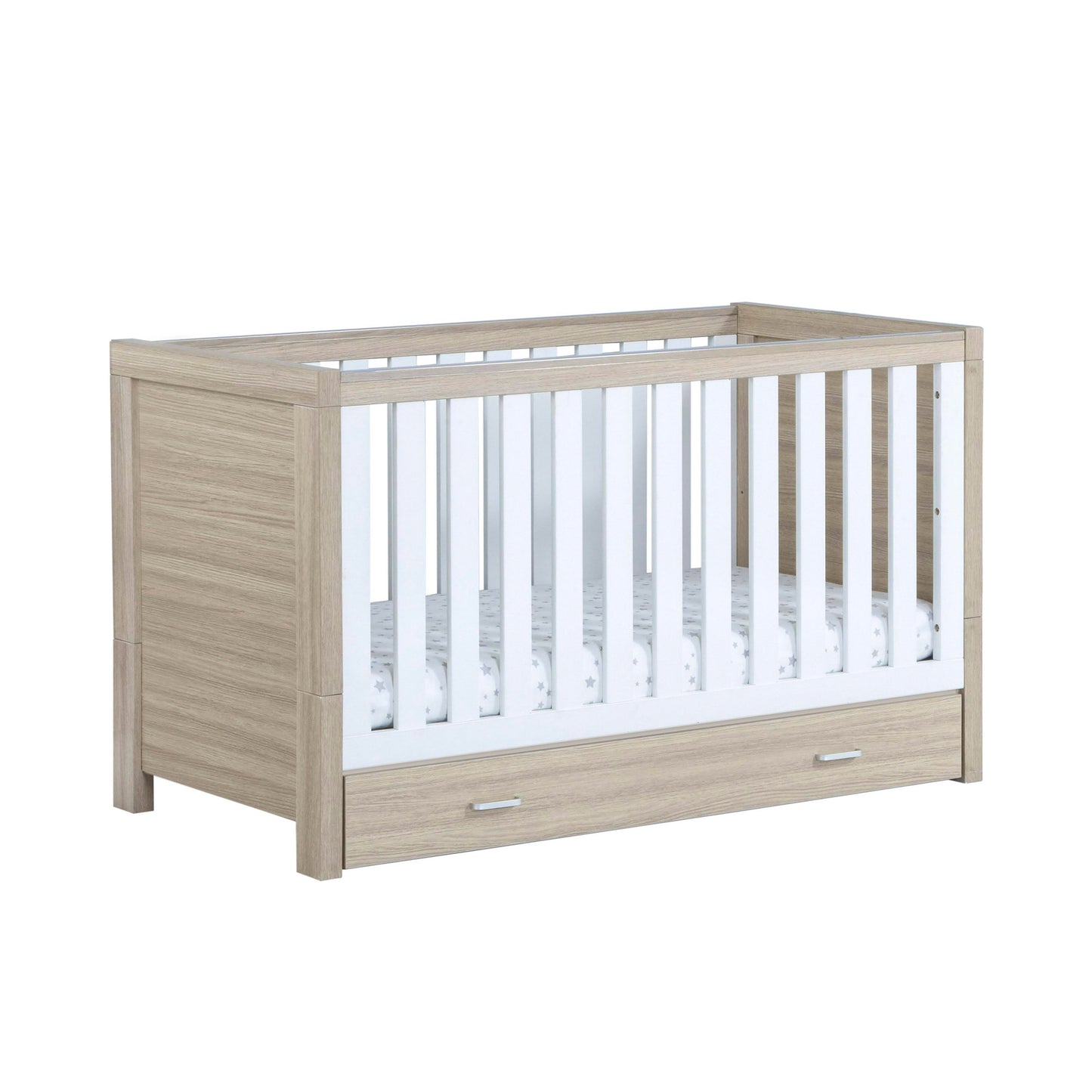 Babymore Luno Cot Bed with Drawer - Oak White