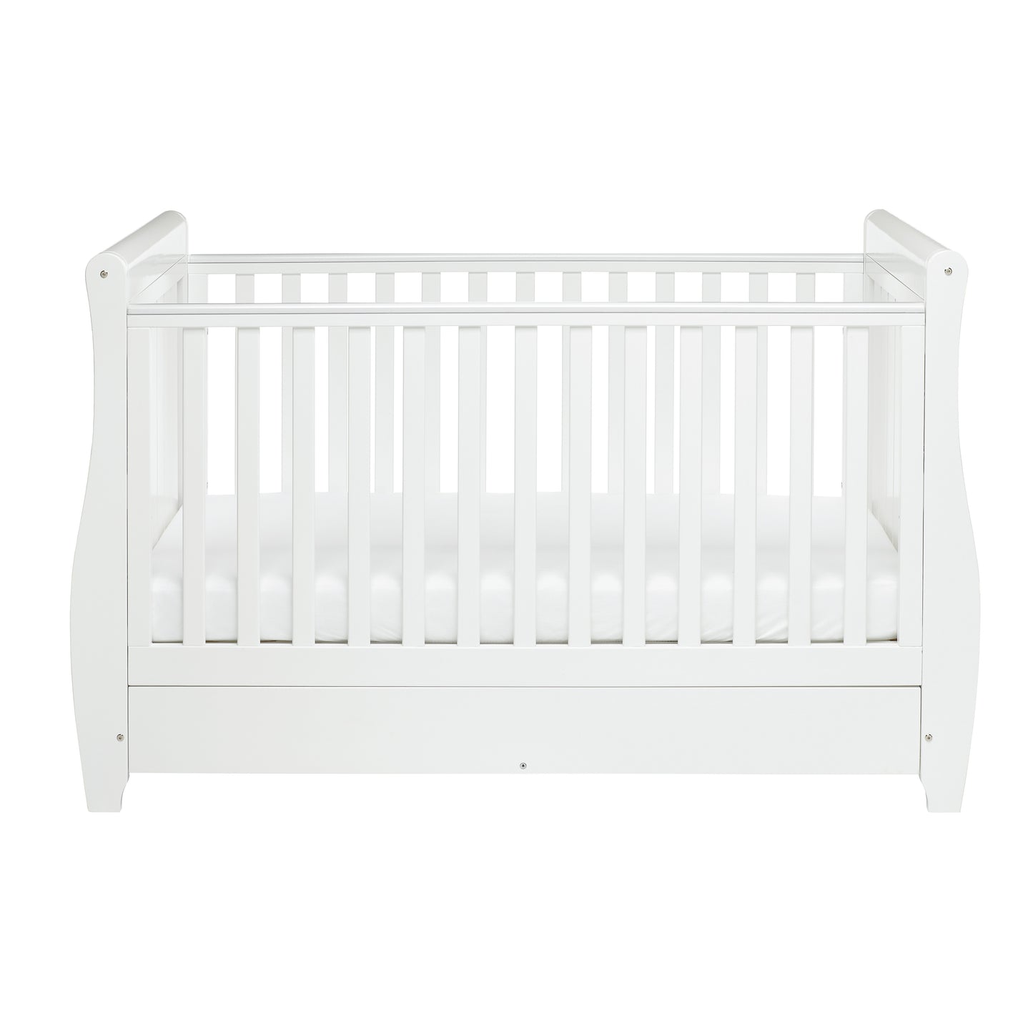 Babymore Stella Sleigh Cot Bed Drop Side with Drawer - White