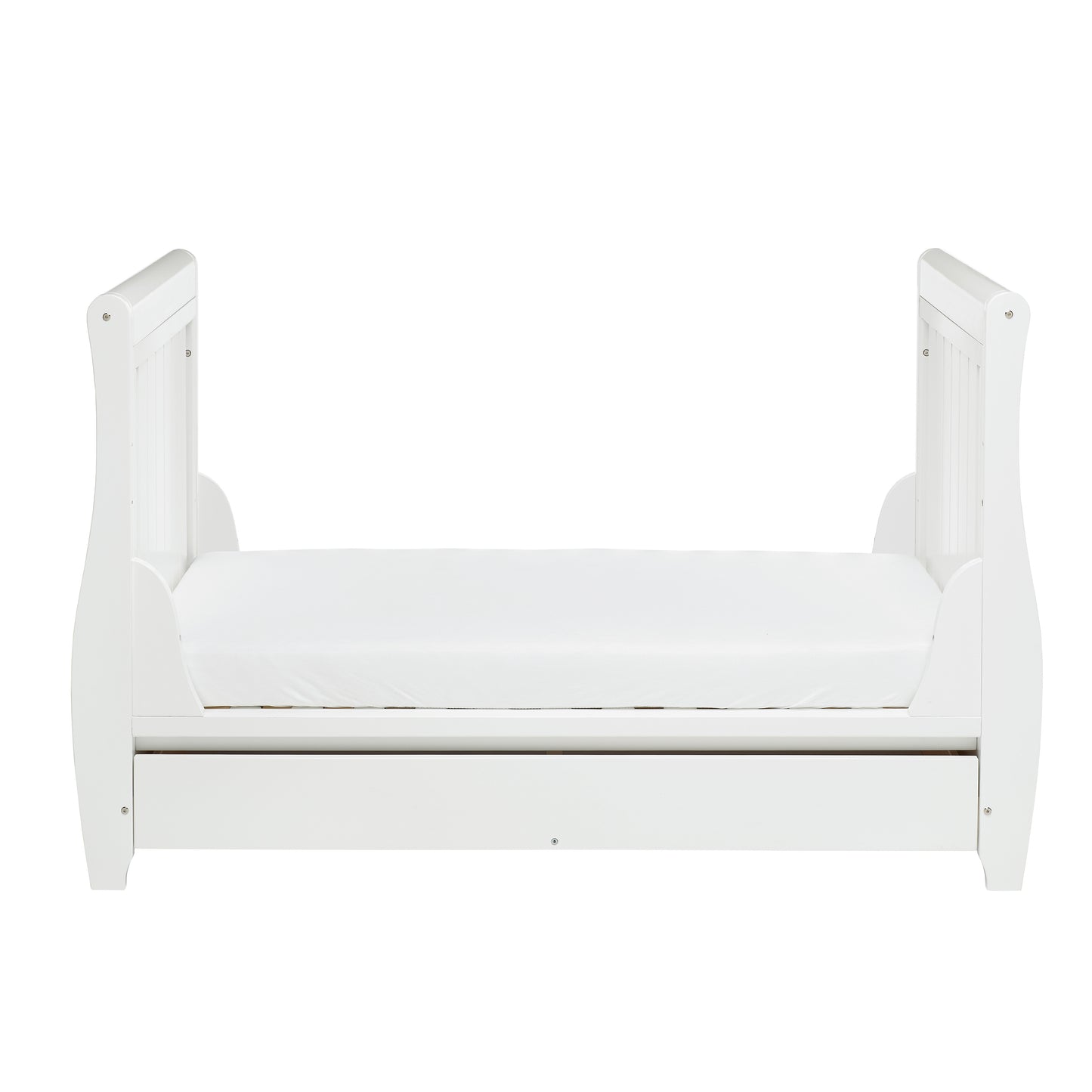 Babymore Stella Sleigh Cot Bed Drop Side with Drawer - White